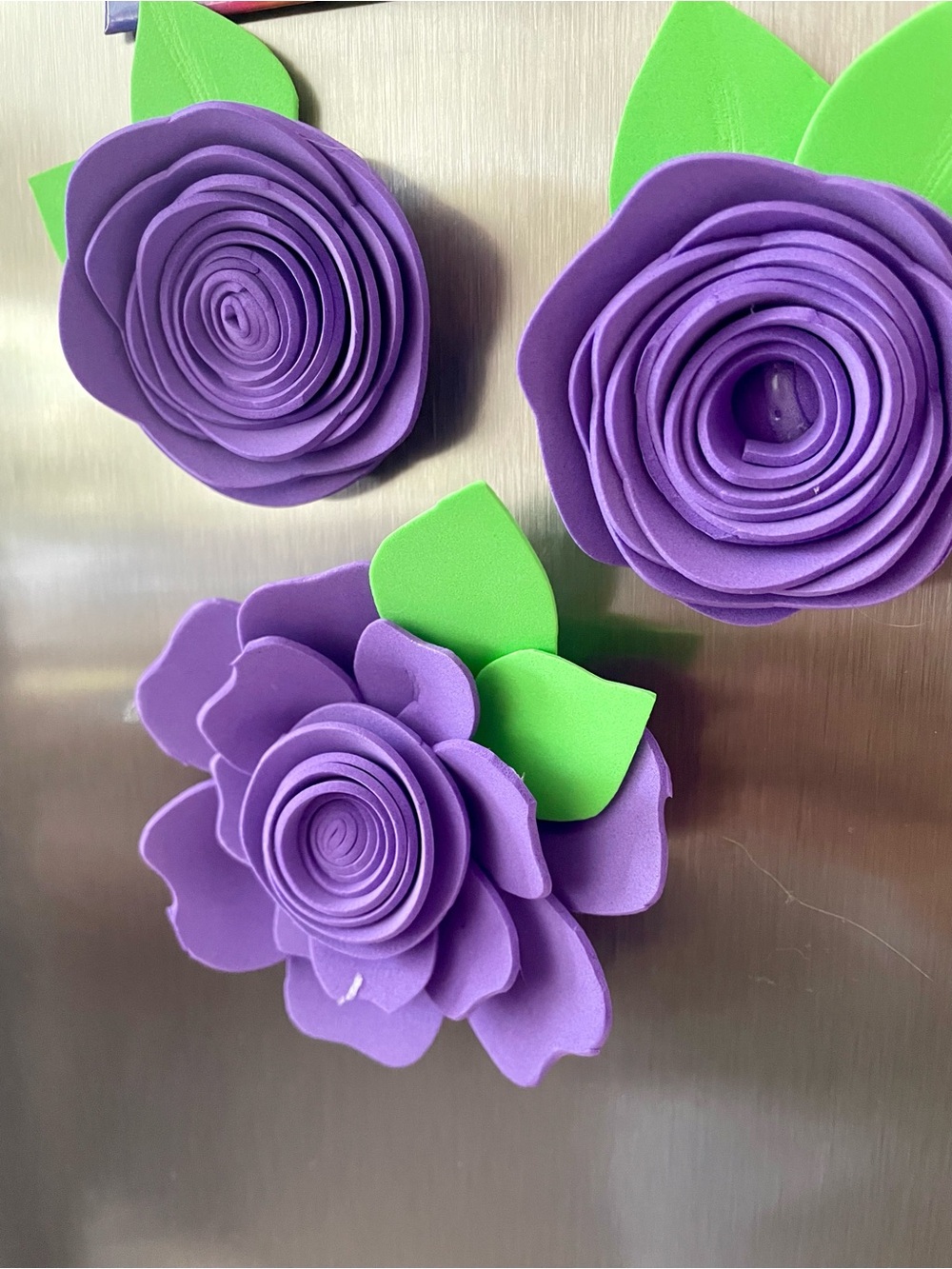 Hand Crafted Purple Foam Flower Magnets with Green Leaves